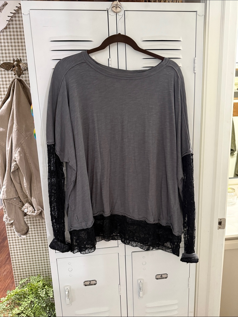Free People Gray Long Sleeve Top with Black Lace Trim